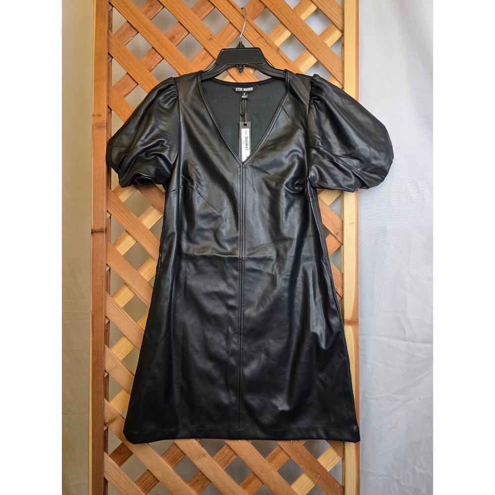 Steve Madden Tilly Faux Leather Mini Dress Womens 2 Black Puff Sleeve - NEW
